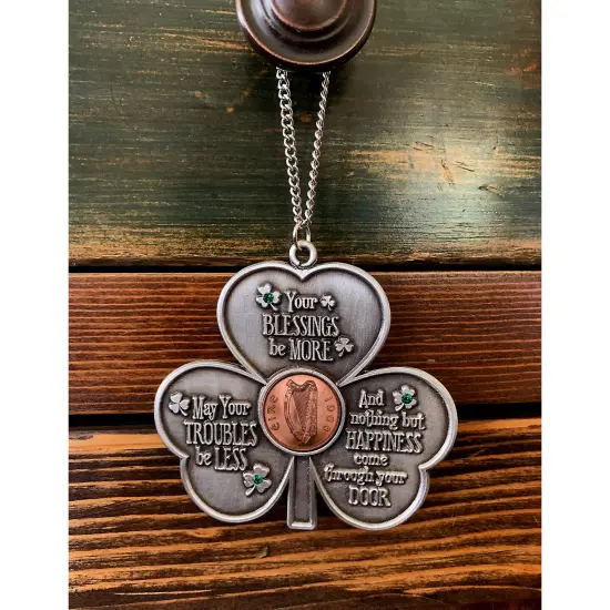 Shamrock Irish Penny House Blessing With Emerald Green Glass Stones {2}