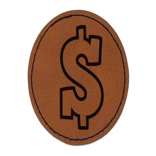 Dollar Sign Money Symbol Outline Round Iron-On Engraved Faux Leather Patch Applique - 2.5" Brown {1}