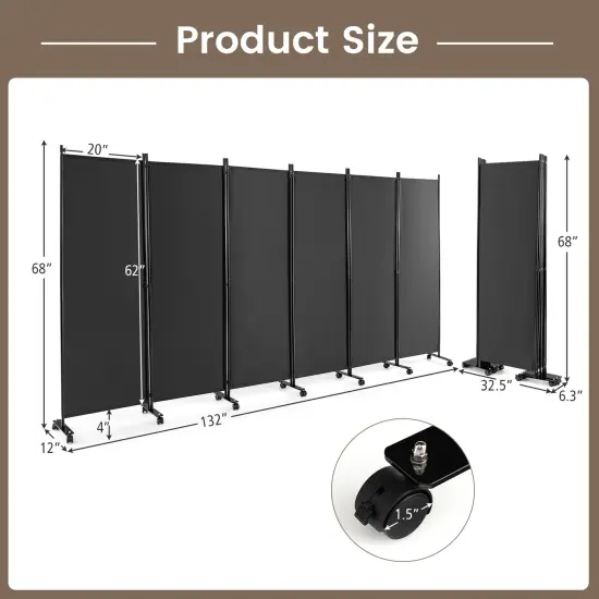 6 Panel 5.7 Feet Tall Rolling Room Divider on Wheels Grey {4}