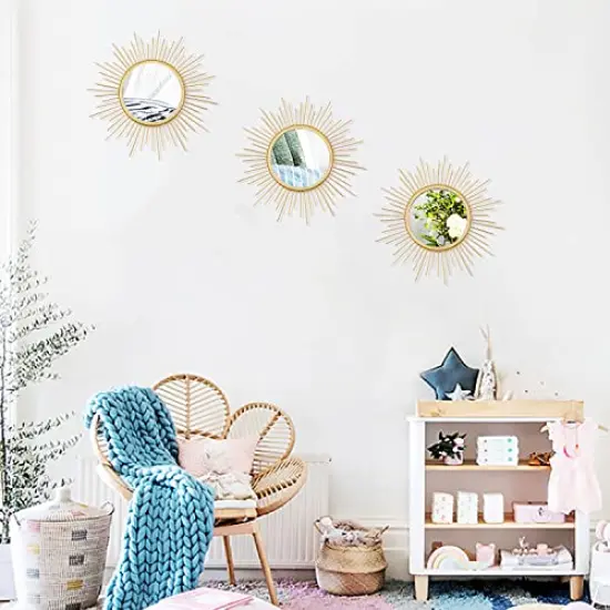 3 Pack Sunburst Wall Mirror Metal Wall Mounted Mirrors Bling Home Decorative Hanging Wall Art for Living Room Bedroom-Sunburst Gold {5}