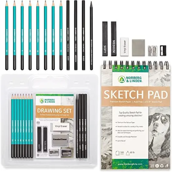 Drawing Set - Sketching and Charcoal Pencils - 100 Page Drawing Pad, Kneaded Eraser. Art Kit and Supplies for Kids, Teens and Adults {1}