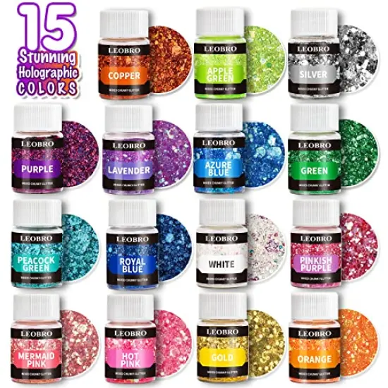 15 Colors Craft Glitter for Resin, with 5PCS Mixing Spoon, Cosmetic Glitter for Nail Body Eye Face, Resin Glitter Flakes Sequins for Tumbler Jewelry Crafts Making {1}