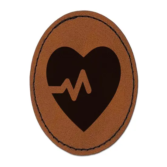 Heart Beat Round Iron-On Engraved Faux Leather Patch Applique - 2.5" Brown {1}