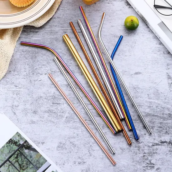 Kitcheniva 8PCS 10.5" Stainless Steel Ultra Long Metal Cocktail Straw And 2 Cleaner Brush Purple {3}