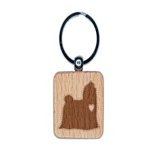 Maltese Dog with Heart Engraved Wood Square Keychain Tag Charm {1}