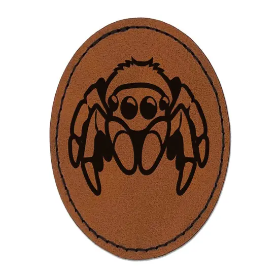 Cute Jumping Spider Round Iron-On Engraved Faux Leather Patch Applique - 2.5" Brown {1}