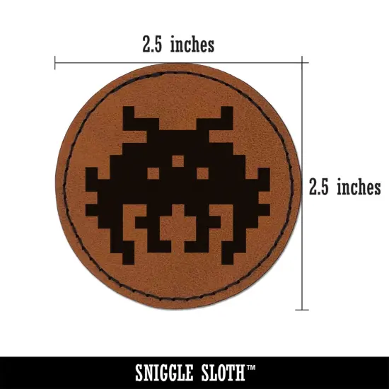Retro Invaders from Space Bug Alien Round Iron-On Engraved Faux Leather Patch Applique - 2.5" Brown {3}