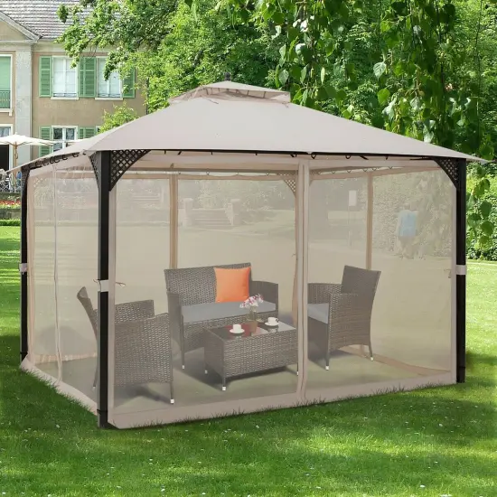 12 x 10 Feet Outdoor Double Top Patio Gazebo with Netting Beige {3}