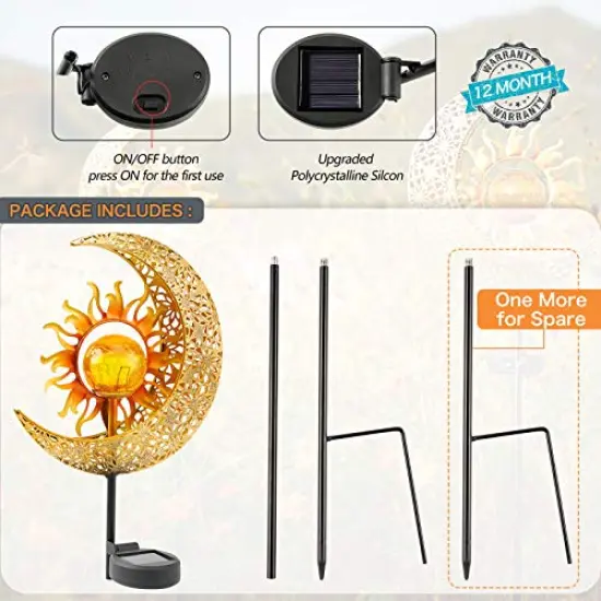 1 Pack Garden Solar Lights Outdoor Decorative, Sun & Moon Crackle Glass Globe Metal Stake Light, Waterproof Warm White LED Light, Decorations for Pathway Lawn Patio Courtyard Backyard {3}