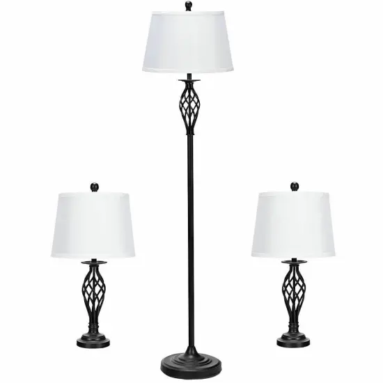 2 Table Lamps 1 Floor Lamp Set with Fabric Shades {1}