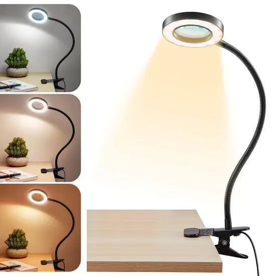 Magnifying Glass with Light 5X, 9w Clip on Light, 48 LED Desk Lamp wtih Clamp Light, 3 Modes Dimmable Magnifying LED Lamps for Bed Work Crafts Workbench {2}
