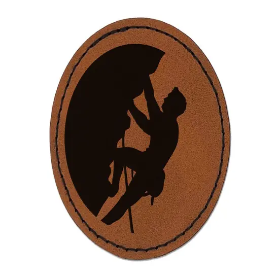 Mountain Climber Rock Climbing Hiking Round Iron-On Engraved Faux Leather Patch Applique - 2.5" Brown {1}