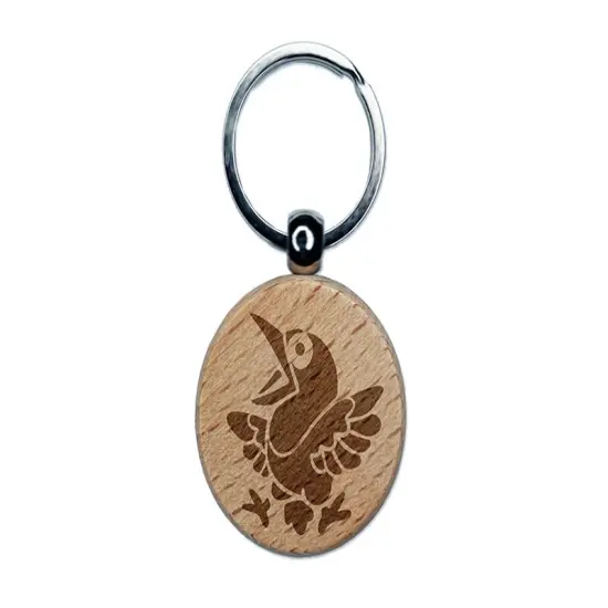 Shocked and Surprised Little Bird Crow Raven Engraved Wood Round Keychain Tag Charm {1}
