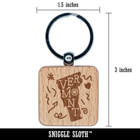 Vermont State with Text Swirls Engraved Wood Square Keychain Tag Charm {2}