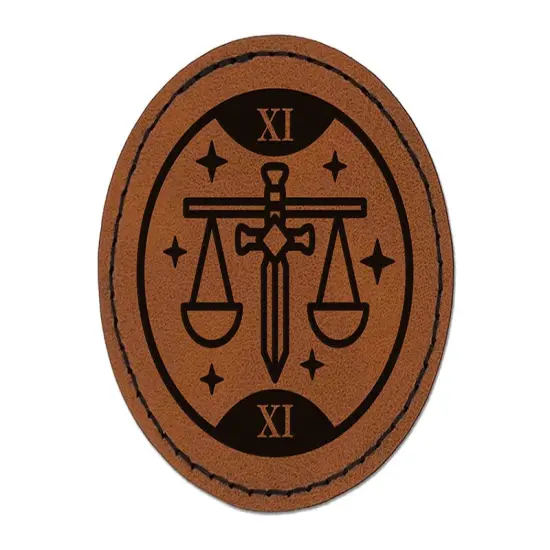 Justice Tarot Card Round Iron-On Engraved Faux Leather Patch Applique - 2.5" Brown {1}