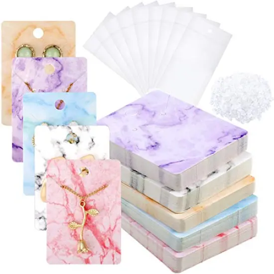 900 Pieces Marble Earring Necklace Display Card Holder for Selling, 250 Pieces 5 Colors Jewelry Display Cards 150 Pcs Self Seal Bags and 500 Earring Back for Jewelry Packing, 2 x 2.8 Inches (Marble) {1}