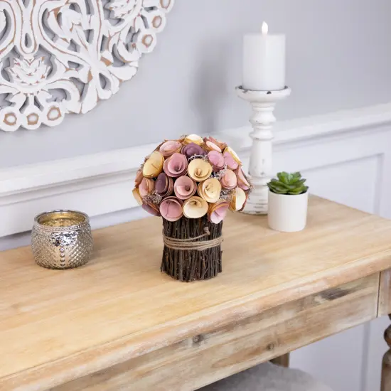 Northlight Wood Shaved Artificial Floral Spring Bouquet - 8.25" - Pink and Yellow {3}