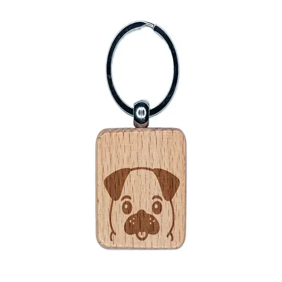 Peeking Pug Dog Engraved Wood Square Keychain Tag Charm {1}