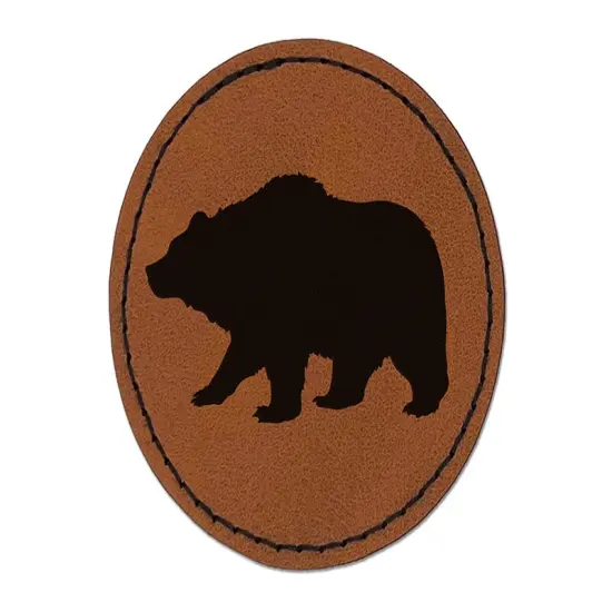 Fuzzy Grizzly Bear Silhouette Round Iron-On Engraved Faux Leather Patch Applique - 2.5" Brown {1}