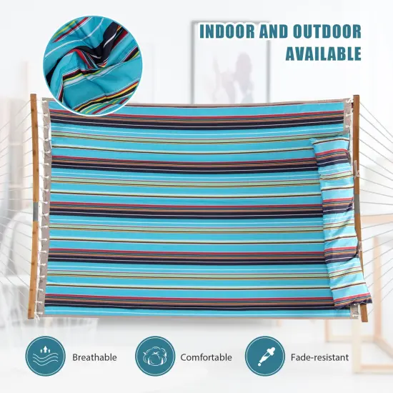 2-Person Outdoor Hammock with Pillow &ndash; Polyester Fabric, Bamboo Spreader Bars Blue {3}
