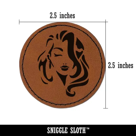 Beautiful Woman with Flowing Hair Round Iron-On Engraved Faux Leather Patch Applique - 2.5" Brown {3}