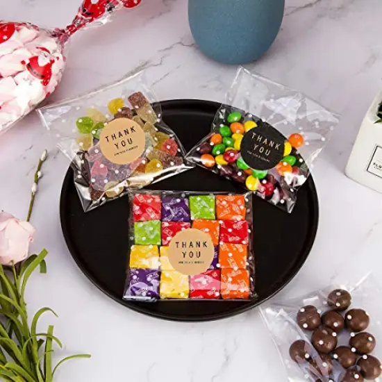 400 Pieces White Polka Dot Treat Bags Self Adhesive Candy Cookie Bags, 200 Cellophane Bags + 200 Thank You Sticker for Bakery Biscuit Chocolate Snacks Dessert (5.5x5.5Inches, White Polka Dot+Sticker) {5}