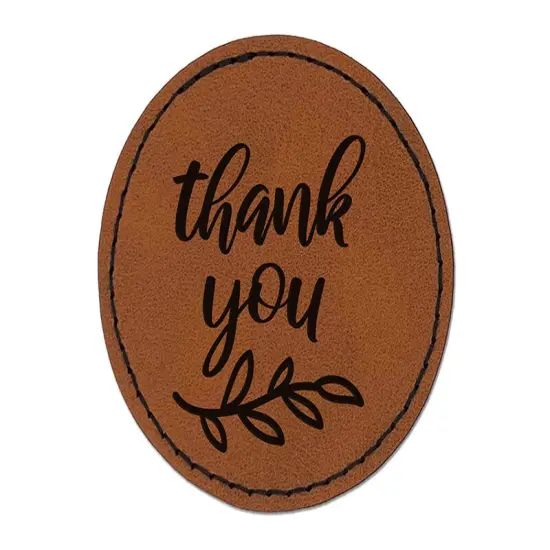 Thank You Script Floral Round Iron-On Engraved Faux Leather Patch Applique - 2.5" Brown {1}