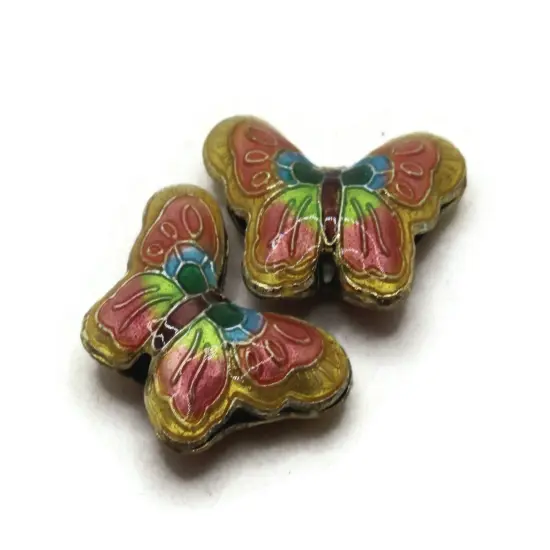 2 23mm Yellow and Pink Butterflies Cloisonne Metal Butterfly Beads {1}