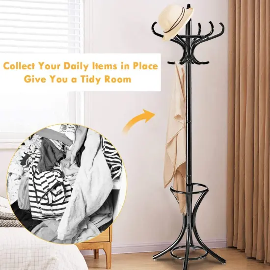 Wooden Freestanding Hat Coat Rack with Umbrella Stand Perfect for Any Room Black {3}