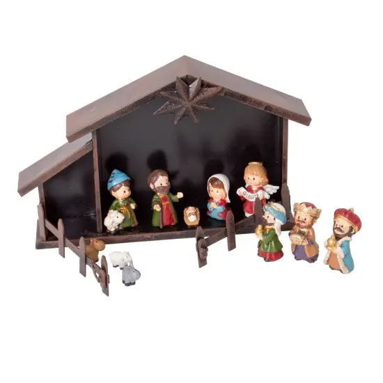 Gerson Christmas Nativity Scene Set, 11 Piece Holy Family Indoor Manger Scene Decoration with 12 x 7.5 inch Metal Creche and Resin Figurines {1}
