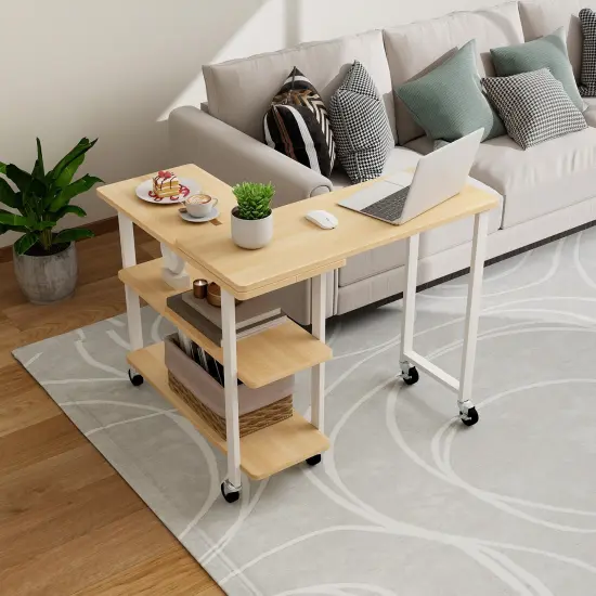 Rotating Sofa Side Table with Wheels Sliding Laptop Desk with Storage Shelves for Small Spaces Natural {2}