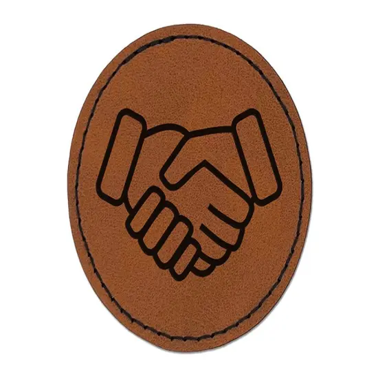 Shaking Hands Agreement Icon Round Iron-On Engraved Faux Leather Patch Applique - 2.5" Brown {1}