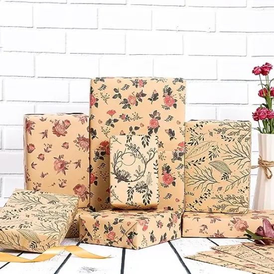 12 Pieces Wrapping Paper of Floral Design Folded Kraft Wrapping Paper 12 Sheets Recycled Gift Wrap for Birthday, Wedding, Holiday, Party, and Baby Shower Precut 20" X 29" {5}