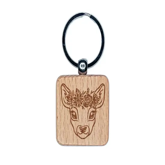 Deer Doe Wearing a Flower Crown Engraved Wood Square Keychain Tag Charm {1}