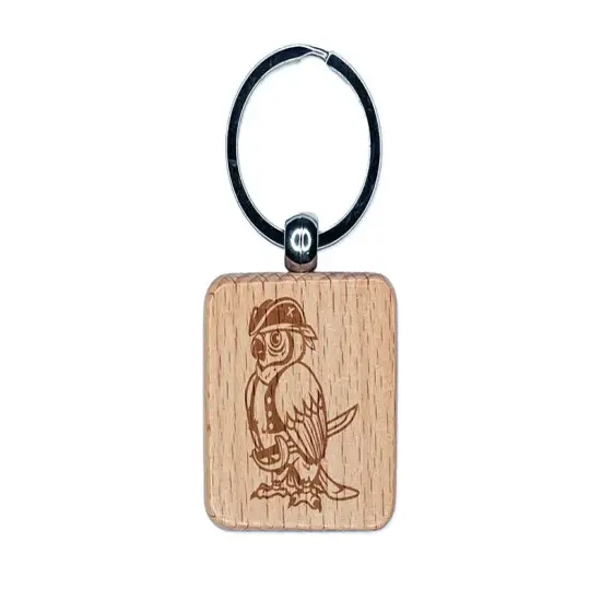 Pirate Parrot with Sword Engraved Wood Square Keychain Tag Charm {1}