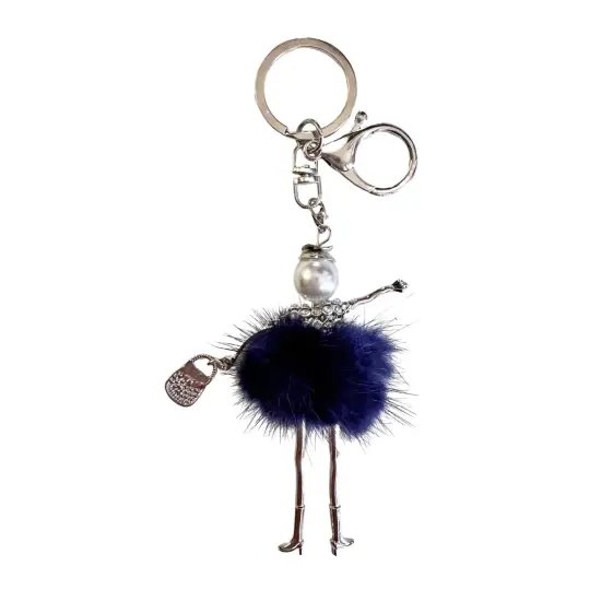 Wrapables Hanging Fashionista Doll Keychain, Crystal Rhinestone Keyring Bag Charm, Navy Pom Pom {1}