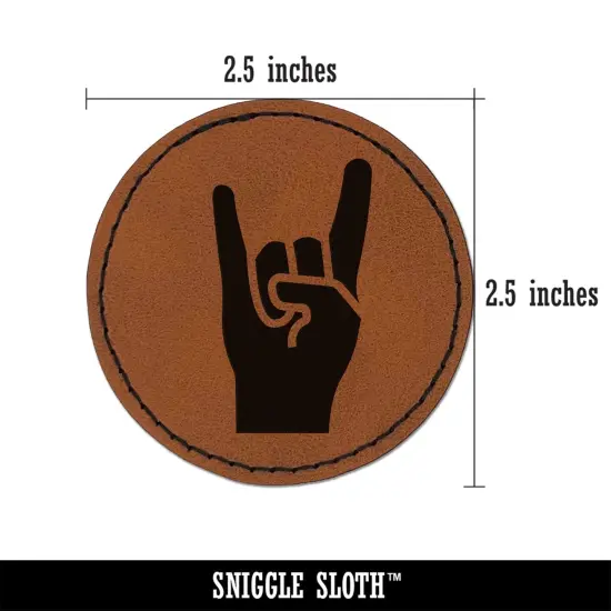 Sign of the Horns Rock and Roll Hand Gesture Round Iron-On Engraved Faux Leather Patch Applique - 2.5" Brown {3}