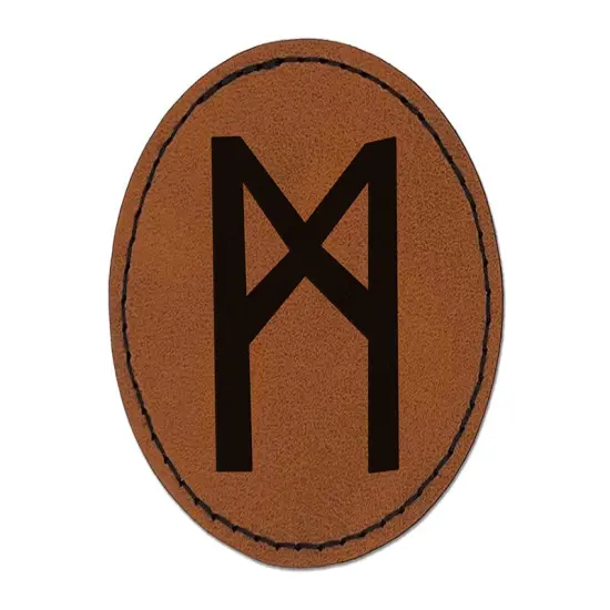 Norse Viking Dwarven Rune Letter M Round Iron-On Engraved Faux Leather Patch Applique - 2.5" Brown {1}