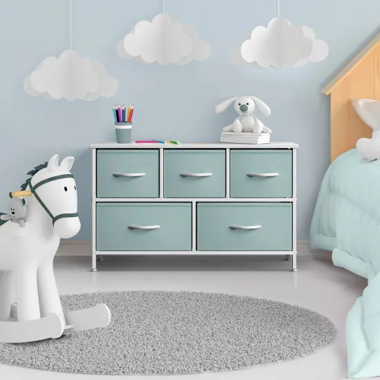 Sorbus Dresser with 5 Drawers - Storage Chest Organizer Unit with Steel Frame, Wood Top, Easy Pull Fabric Bins - Long Wide TV Stand for Bedroom Furniture, Hallway, Closet & Office Organization Aqua {3}