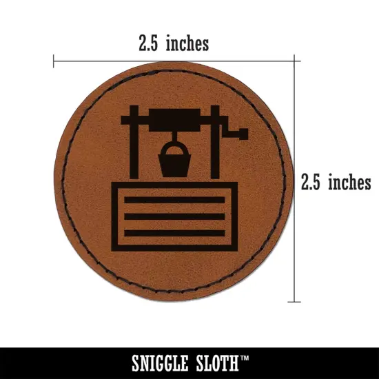 Wishing Water Well Icon Round Iron-On Engraved Faux Leather Patch Applique - 2.5" Brown {3}
