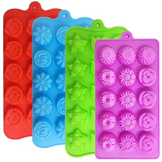 4 Pieces Flower Shape Chocolate Candy Molds Set,DanziX Silicone 15 Cavity Baking Mold Ice Cube Tray for Wedding,Festival,Parties and DIY Crafts-Green,Blue,Red and Purple {3}