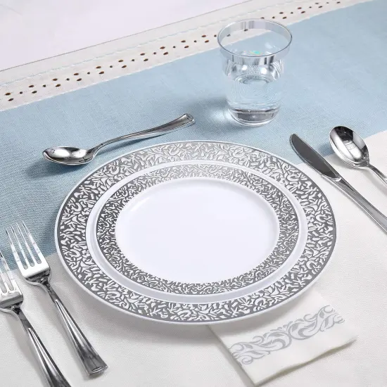 175 Pieces Silver Dinnerware Set 25 Guest-50 Silver Lace Plastic Plates-25 Silver Plastic Silverware-25 Silver Plastic Cups-25 Silver Paper Napkins, FOCUSLINE Disposable Dinnerware Set {4}