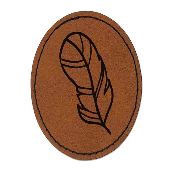Plump Feather Round Iron-On Engraved Faux Leather Patch Applique - 2.5" Brown {1}