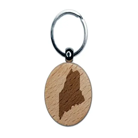 Maine State Silhouette Engraved Wood Round Keychain Tag Charm {1}