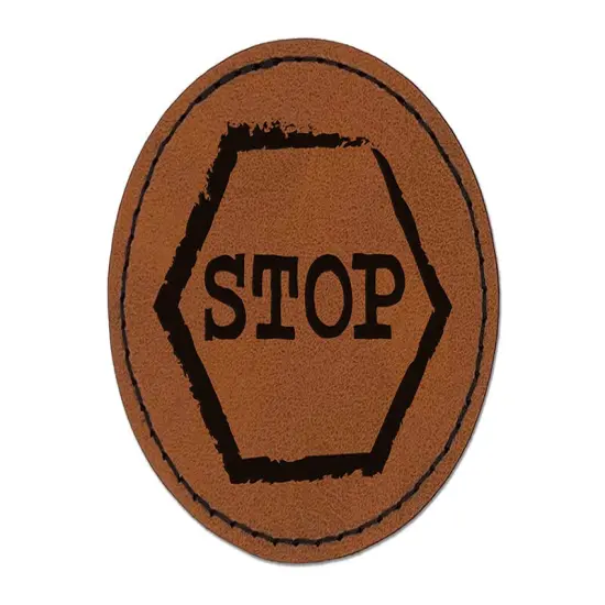 Stop Sign Sketch Round Iron-On Engraved Faux Leather Patch Applique - 2.5" Brown {1}