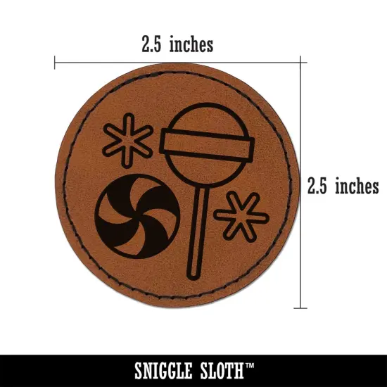 Holiday Christmas Peppermint Lollipop Candy Round Iron-On Engraved Faux Leather Patch Applique - 2.5" Brown {2}