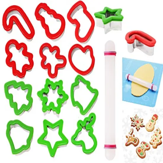 JOYIN 13 Pcs Stainless Steel Christmas Cookie Cutters with Comfort Grip 3.5&iacute; plus a Rolling Pin for Large Holiday Cookies, Snowflake Cookies, Gingerbread Man Cookies, Christmas Party and Baking Gift {1}