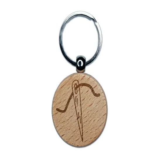 Sewing Needle and Thread Engraved Wood Round Keychain Tag Charm {1}