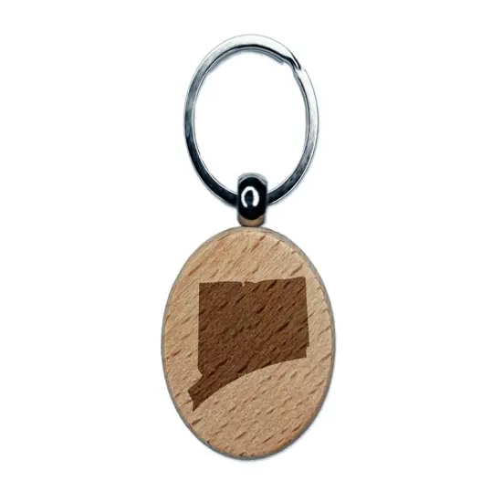 Connecticut State Silhouette Engraved Wood Round Keychain Tag Charm {1}