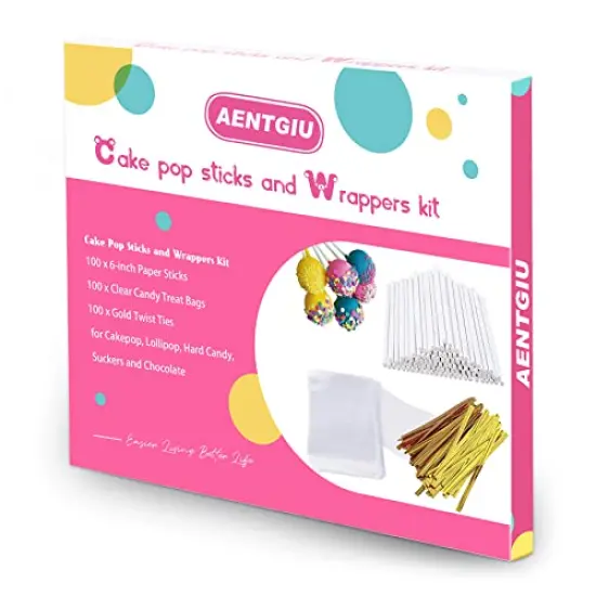 300 Pieces Cake Pop Sticks and Wrappers Kit, Including 100ct 6-inch Paper Lollipop Sticks, 100ct Clear Candy Treat Bags Parcel, 100ct Gold Twist Ties for Cakepop, Lollipop, Hard Candy, Suckers, Chocolate {3}